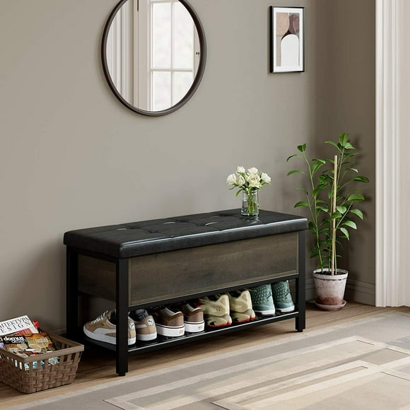 Homfa Storage Bench with Storage, Long Leather Shoe Bench with Flip Top for Hallway, Living Room, Dark Brown