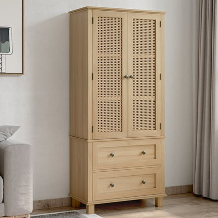 Homfa Rattan Cabinet with Doors, Tall Storage Cabinet with 2 Drawers, Narrow Accent Versatile Cabinet for Living Room, Oak