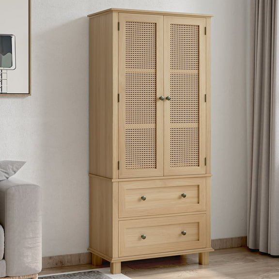 Homfa Rattan Cabinet with Doors, Tall Storage Cabinet with 2 Drawers, Narrow Accent Versatile Cabinet for Living Room, Oak