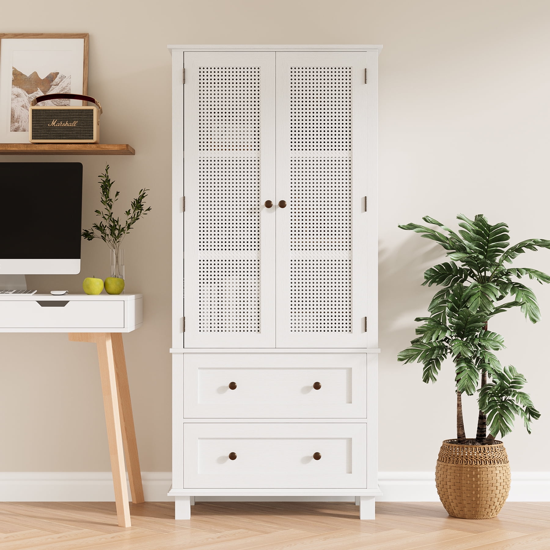 Homfa Storage Cabinet with Rattan Doors, Tall Cabinet Rattan Cabinet with  Drawers, Accent Versatile Cabinet for Living Room, White