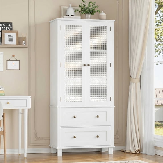 Homfa Rattan Cabinet with Doors, Tall Storage Cabinet with 2 Drawers, Narrow Accent Versatile Cabinet for Living Room, White