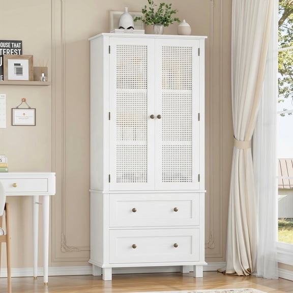 Homfa Rattan Cabinet with Doors, Tall Storage Cabinet with 2 Drawers, Narrow Accent Versatile Cabinet for Living Room, White