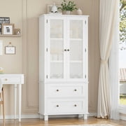 Homfa Rattan Cabinet with Doors, Tall Storage Cabinet with 2 Drawers, Narrow Accent Versatile Cabinet for Living Room, White