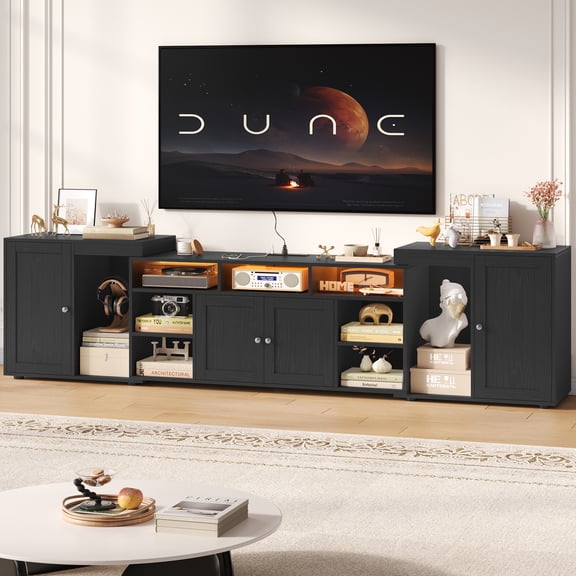 Homfa Extendable TV Stand for 45-100" TVs, LED Entertainment Console with Power Outlet & 14 Storage Compartment, Black Bark Texture