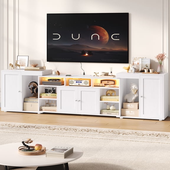 Homfa Extendable TV Stand for 45-100" TVs, LED Entertainment Console with Power Outlet & 14 Storage Compartment, White Bark Texture