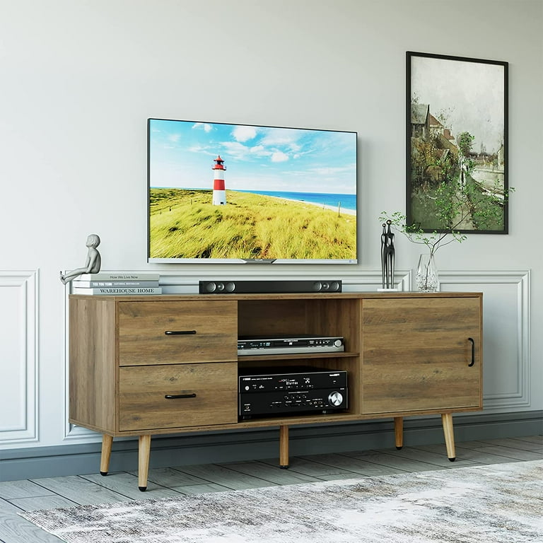 Homfa TV Stand for TVs up to 55 Mid Century Entertainment Center with Sliding Door Console Media Table with Adjustable Shelves and Drawers TV