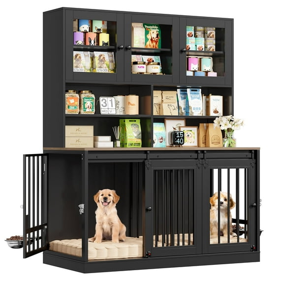 Homfa Tall Dog Crate Furniture with Hutch, 4 Metal Doors Kennel with Swivel Bowl Brackets Sets, Dog Feeding Station with Glass Doors and Adjustable Shelves, Black & Brown
