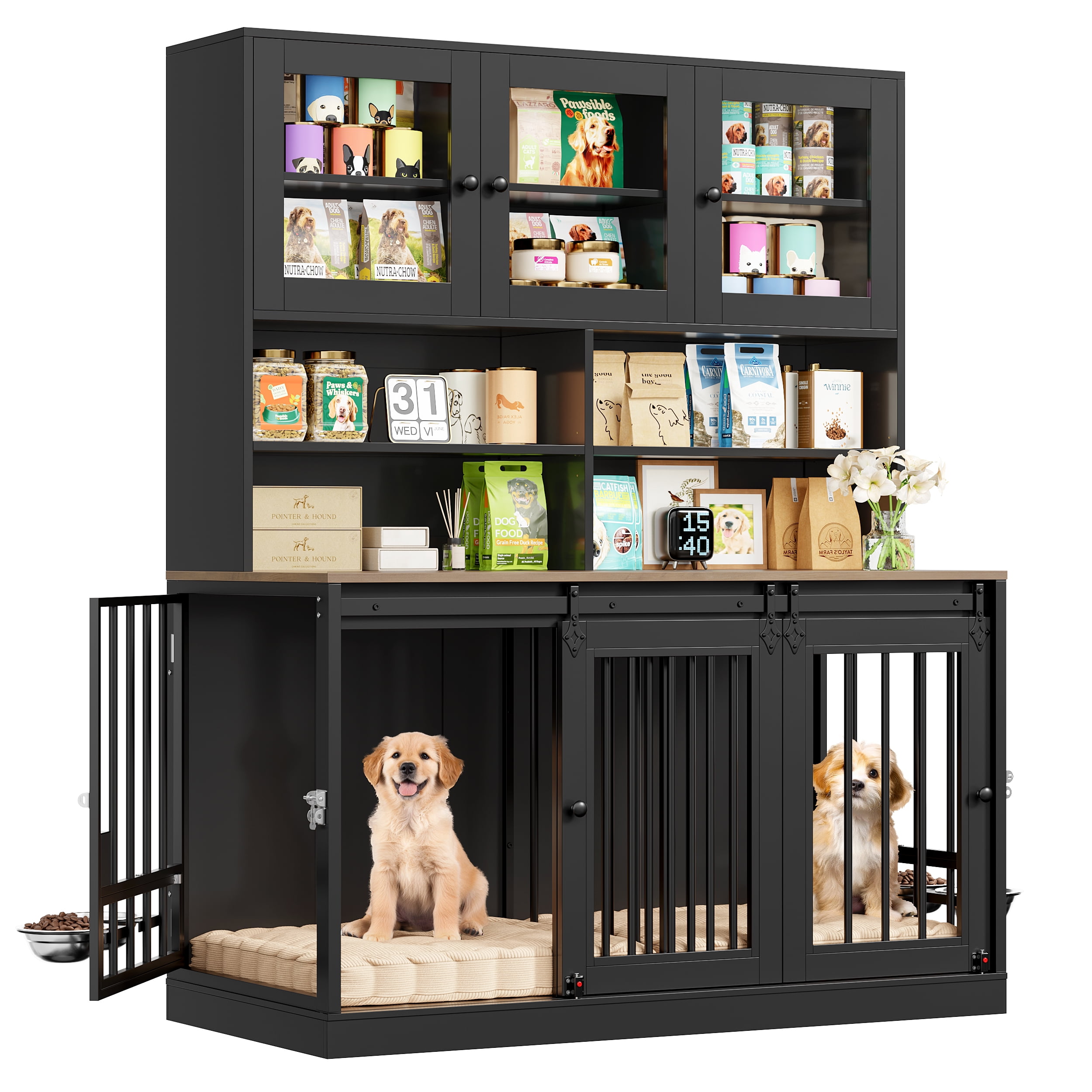 Homfa Tall Dog Crate Furniture with Hutch, 4 Metal Doors Kennel with ... - Customizable Dog Crate Storage Shelves