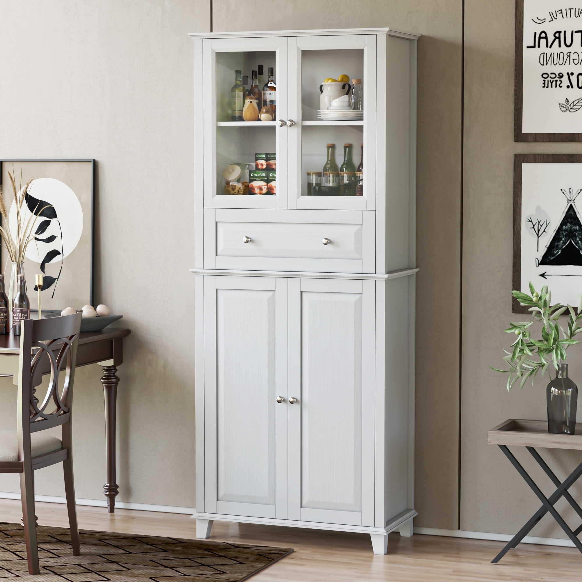 Homfa Tall Kitchen Pantry Cabinet with 2 Glass Doors Large Drawer Storage Cabinet with Adjustable Shelves for Dining Room Living Room White