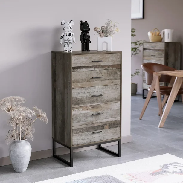 Homfa Tall Narrow Dresser, Wooden 5 Drawer Nightstand, Chest of Drawers