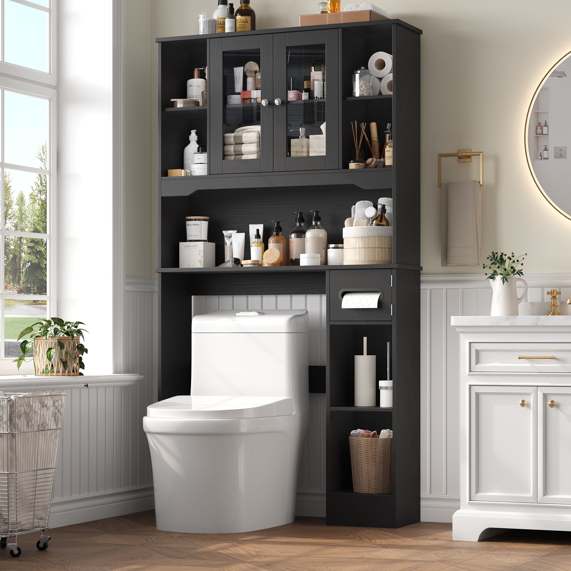 Homfa Over The Toilet Storage Cabinet with Toilet Paper Holder Stand, Above Toilet Organizer with Glass Doors, Behind Toilet Shelf for Restroom, Bathroom, Laundry, Black