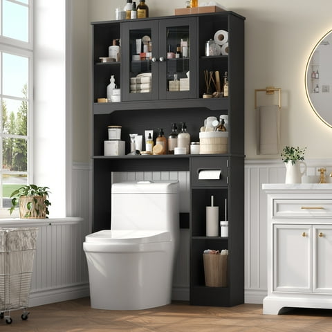 Homfa Over The Toilet Storage Cabinet with Toilet Paper Holder Stand, Above Toilet Organizer with Glass Doors, Behind Toilet Shelf for Restroom, Bathroom, Laundry, Black