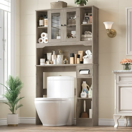 Homfa Over The Toilet Storage Cabinet with Toilet Paper Holder Stand, Above Toilet Organizer with Glass Doors, Behind Toilet Shelf for Restroom, Bathroom, Laundry, Wash Gray