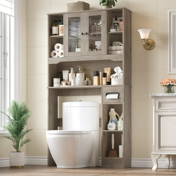 Homfa Over The Toilet Storage Cabinet with Toilet Paper Holder Stand, Above Toilet Organizer with Glass Doors, Behind Toilet Shelf for Restroom, Bathroom, Laundry, Wash Gray