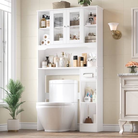 Homfa Over The Toilet Storage Cabinet with Toilet Paper Holder Stand, Above Toilet Organizer with Glass Doors, Behind Toilet Shelf for Restroom, Bathroom, Laundry, White