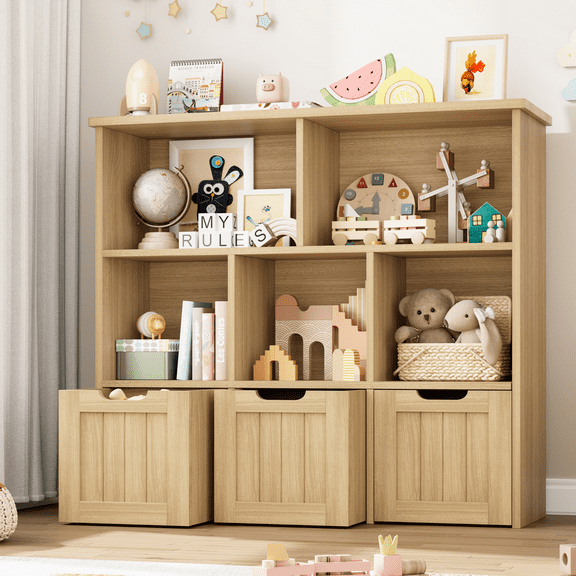 Homfa Toy Storage Organizer with 3 Movable Drawers, 5 Cube Kids Bookcase for Playroom, Storage Cabinet for Living Room, Natural Finish