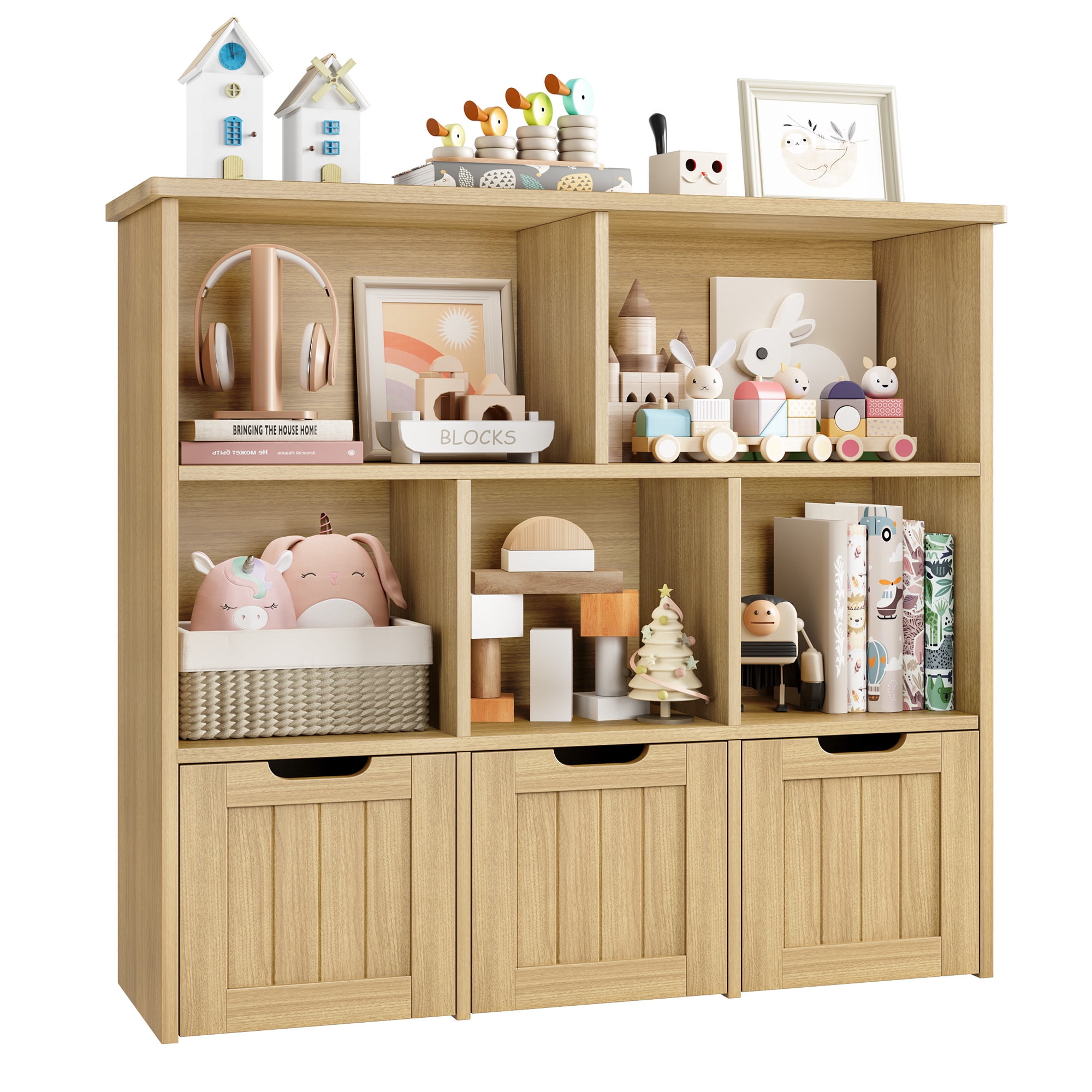 Homfa Toy Storage Organizer with 3 Movable Drawers 5 Cube Kids Bookcase for Playroom Storage Cabinet for Living Room Natural Finish
