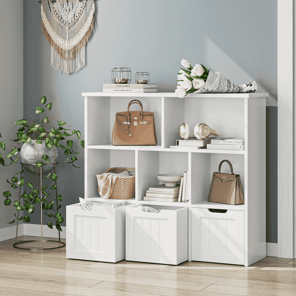 Homfa Toy Storage Organizer with 3 Movable Drawers, 5 Cube Kids Bookcase for Playroom, Storage Cabinet for Living Room, White Finish