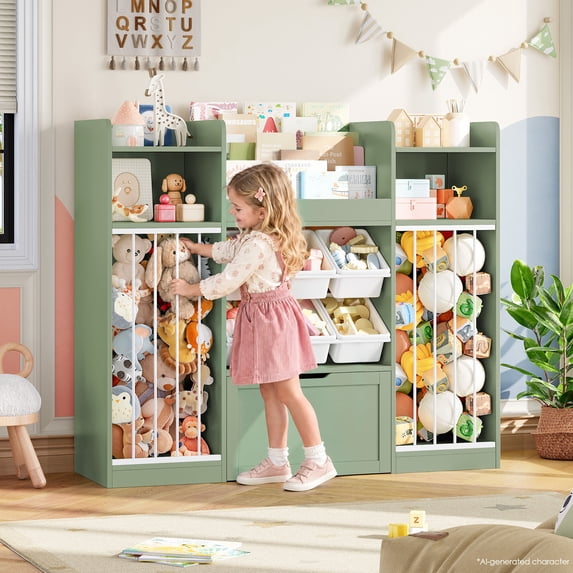 Homfa Toy Storage Organizer with Stuffed Animal Storage & Drawer, 3-in-1 Kids Bookshelf with Cubes, Racks & 6 Toy Bins for Playroom Kids Room, Green