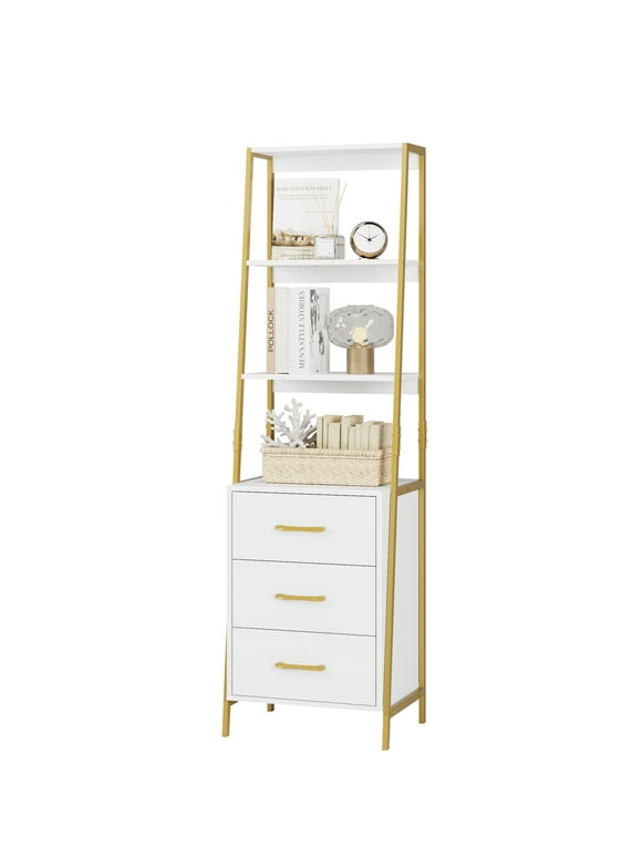 Homfa Trapezoidal Bookshelf, 3-Tier Open Storage Shelves with 3 Drawers, White and Gold Finish