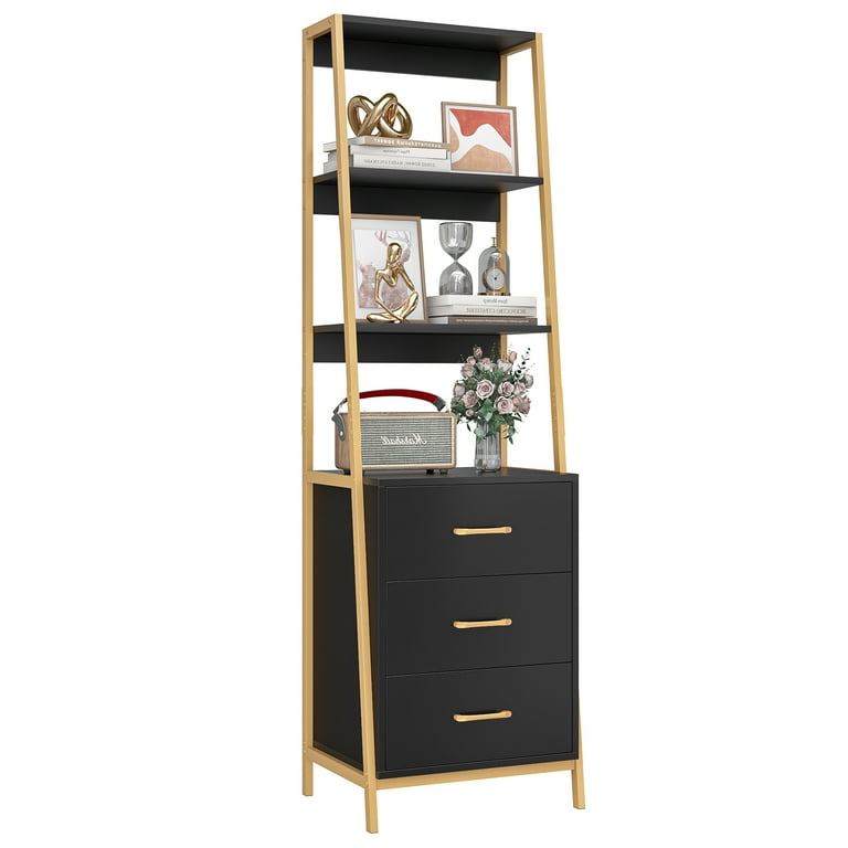 Homfa Tall Modern Bookshelf 3 Tier Display Shelf with 3 Wooden Drawers Metal Frame Black Gold Walmart