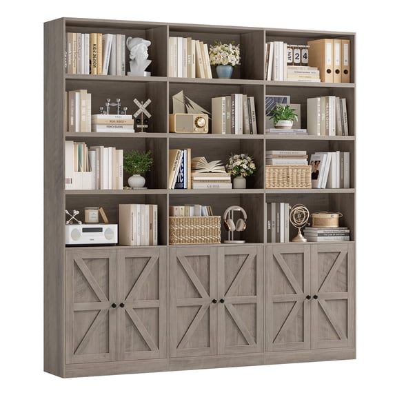 Homfa Triple Row 4 Tier Bookcase with Door, 70" Wide Large Bookshelf with 12 Display Cubicles, 72" Tall Farmhouse Bookcase for Home Office Living Room, Antique Gray