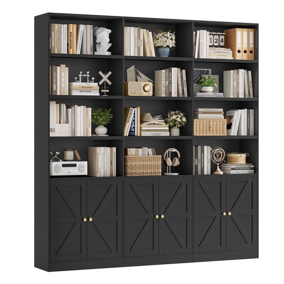 Homfa Triple Row 4 Tier Bookcase with Door, 70" Wide Large Bookshelf with 12 Display Cubicles, 72" Tall Farmhouse Bookcase for Home Office Living Room, Black