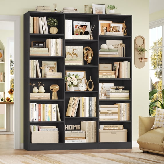 Homfa Triple Row 6-tier Bookshelf, 74 in Tall Bookshelf with 17 Open Display Shelves, Large Bookcase for Office Living Room, Black