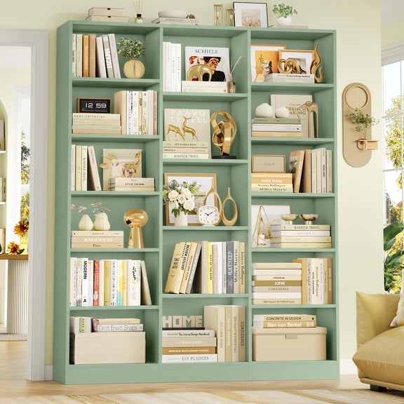 Homfa Triple Row 6-tier Bookshelf, 74 in Tall Bookshelf with 17 Open Display Shelves, Large Bookcase for Office Living Room, Green