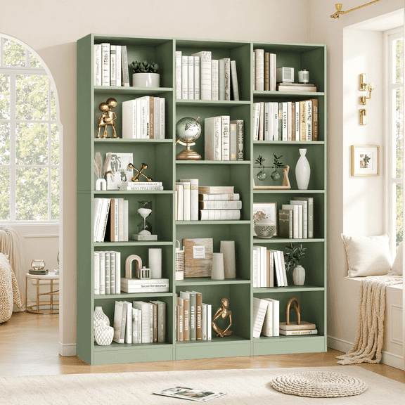 Homfa Triple Row 6-tier Bookshelf, 74 in Tall Bookshelf with 17 Open Display Shelves, Large Bookcase for Office Living Room, Green