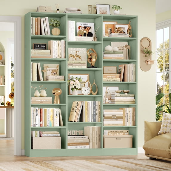 Homfa Triple Row 6-tier Bookshelf, 74 in Tall Bookshelf with 17 Open Display Shelves, Large Bookcase for Office Living Room, Green