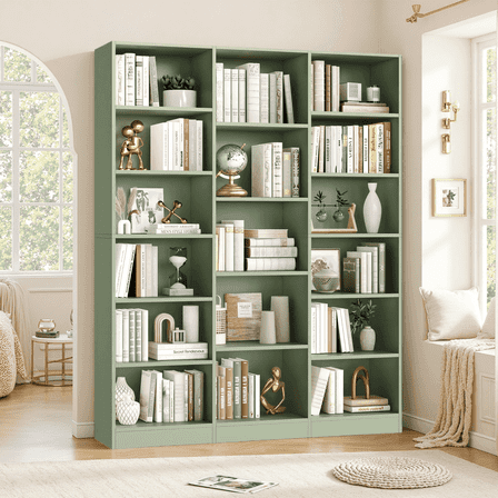 Homfa Triple Row 6-tier Bookshelf, 74 in Tall Bookshelf with 17 Open Display Shelves, Large Bookcase for Office Living Room, Green