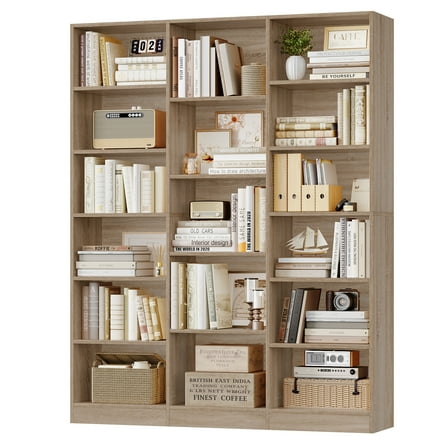 Homfa Triple Row 6-tier Bookshelf, 74 in Tall Bookshelf with 17 Open Display Shelves, Large Bookcase for Office Living Room, Light Oak