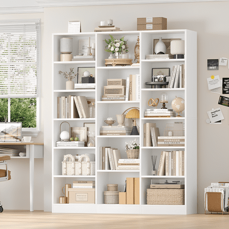 Homfa Triple Row 6-tier Bookshelf, 74 in Tall Bookshelf with 17 Open Display Shelves, Large Bookcase for Office Living Room, White