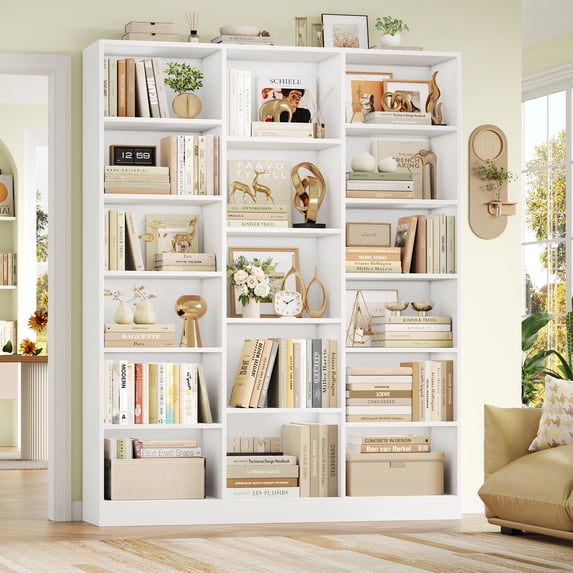 Homfa Triple Row 6-tier Bookshelf, 74 in Tall Bookshelf with 17 Open Display Shelves, Large Bookcase for Office Living Room, White