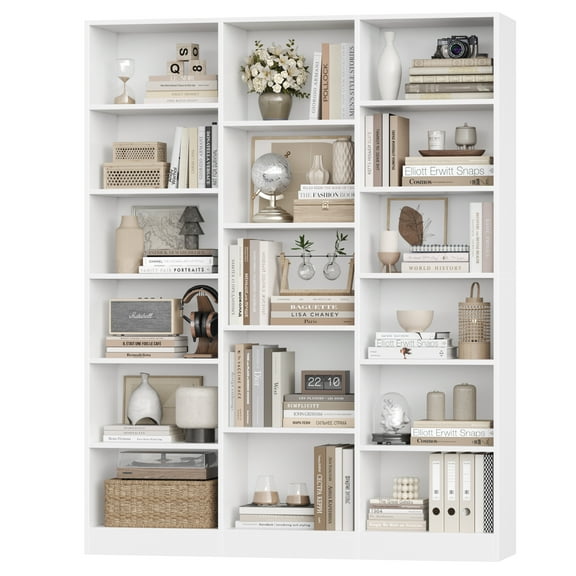 Homfa Triple Row 6-tier Bookshelf, 74 in Tall Bookshelf with 17 Open Display Shelves, Large Bookcase for Office Living Room, White