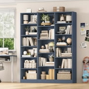 Homfa Triple Row 6-tier Bookshelf, 74 in Tall Bookshelf with 17 Open Display Shelves, Large Bookcase for Office Living Room, Blue