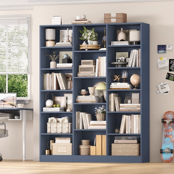 Homfa Triple Row 6-tier Bookshelf, 74 in Tall Bookshelf with 17 Open Display Shelves, Large Bookcase for Office Living Room, Blue