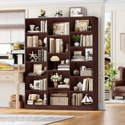 Homfa Triple Row 6-tier Bookshelf, 74 in Tall Bookshelf with 17 Open Display Shelves, Large Bookcase for Office Living Room, Cherry