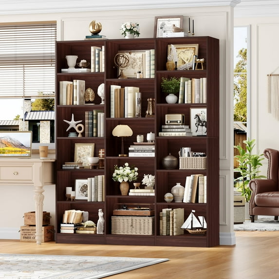 Homfa Triple Row 6-tier Bookshelf, 74 in Tall Bookshelf with 17 Open Display Shelves, Large Bookcase for Office Living Room, Cherry