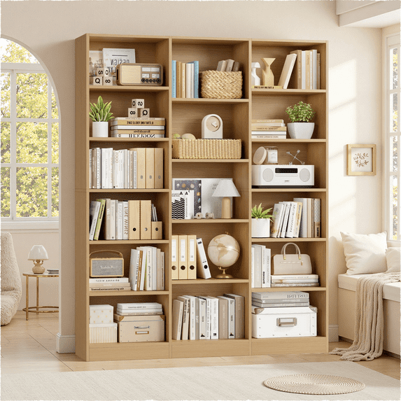 Homfa Triple Row 6-tier Bookshelf, 74 in Tall Bookshelf with 17 Open Display Shelves, Large Bookcase for Office Living Room, Natural
