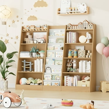 Homfa Triple Width Bookcase, Storage Bookshelf with 8 Canvas Sleeves, Wood Display Magazine & Toy Organizer, Nature