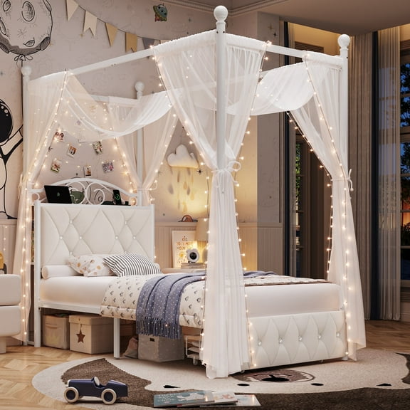 Homfa Twin Size Canopy Bed Frame, 1 Big Drawer Storage Platform Bed, Button Tufted Upholstered Headboard with Charging Station, Off-white