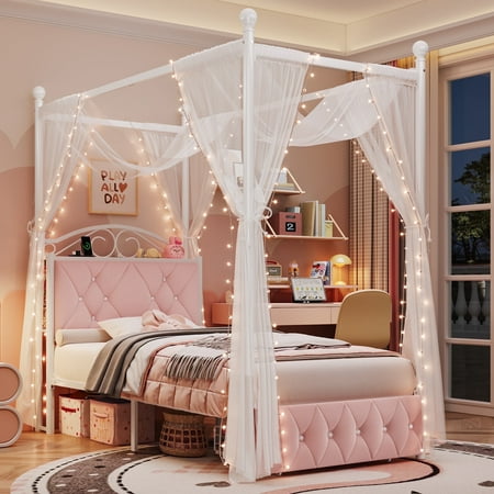 Homfa Twin Size Canopy Bed Frame, 1 Big Drawer Storage Platform Bed, Button Tufted Upholstered Headboard with Charging Station, Pink