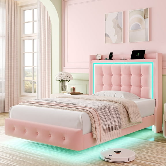 Homfa Twin Size Floating Bed Frame with RGB LED Lights Charging Station, Modern Velvet Upholstered Platform Bed with Storage Headboard, Pink