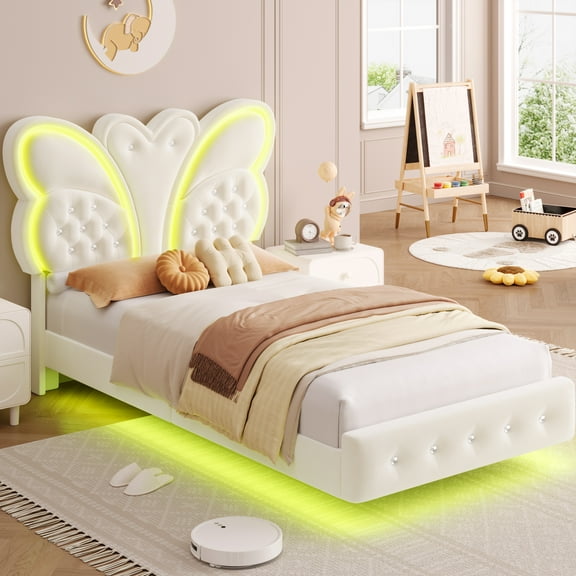 Homfa Twin Size Velvet Upholstered Bed with LED Lights, Floating Platform Bed Frame with Butterfly Crystal Button Tufted Headboard, Beige