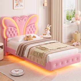 Homfa Twin Size Velvet Upholstered Bed with LED Lights, Floating Platform Bed Frame with Butterfly Crystal Button Tufted Headboard, Pink