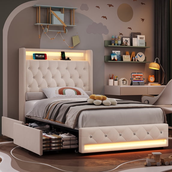 Homfa Twin Bed Frame with LED Light & Charge Station, 2 Storage Drawers Modern Upholstered Wingback Platform Bed Frame, Beige Velvet