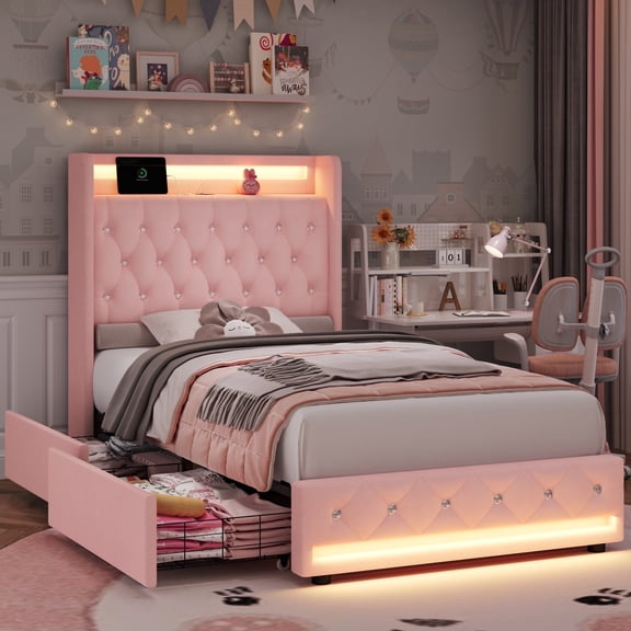 Homfa Pink Twin Bed Frame with Light & Charge Station, Upholstered Bed with Storage Drawer, LED Bed with Crystal Button Wingback Headboard