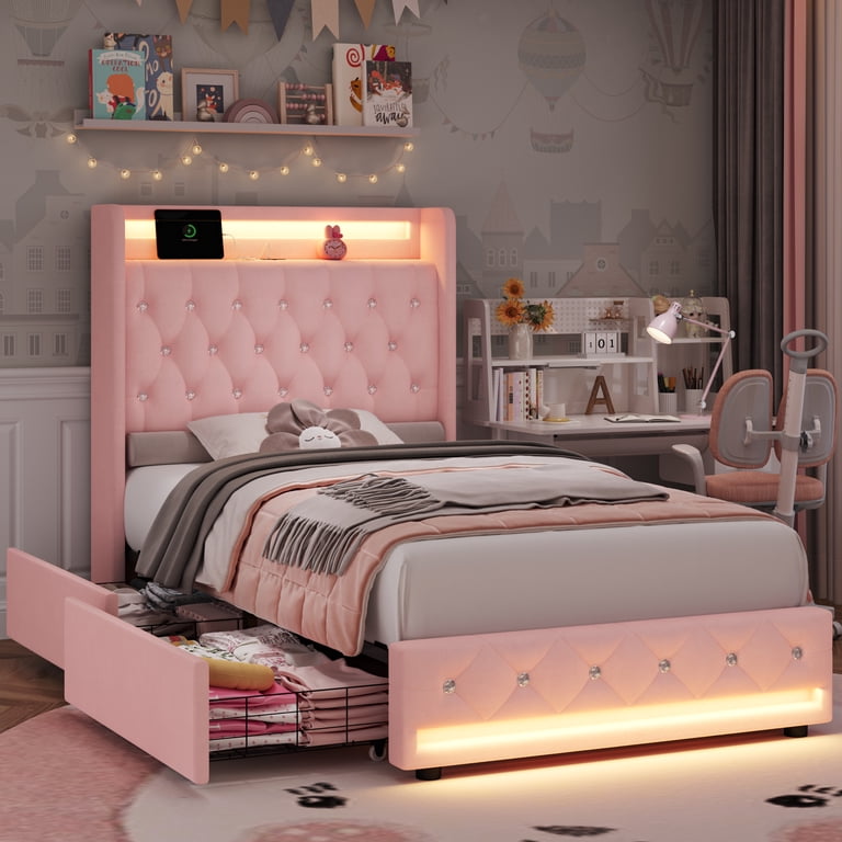Homfa Twin Size LED Bed Frame, Pink Velvet Upholstered, USB Ports